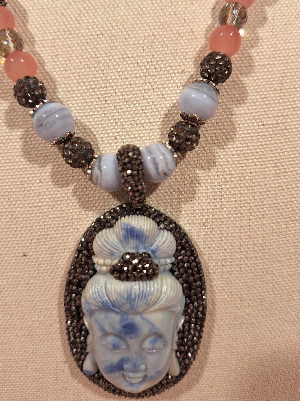 Artisan Crafted Blue and Pink Buddah Goddess Pendant Necklace